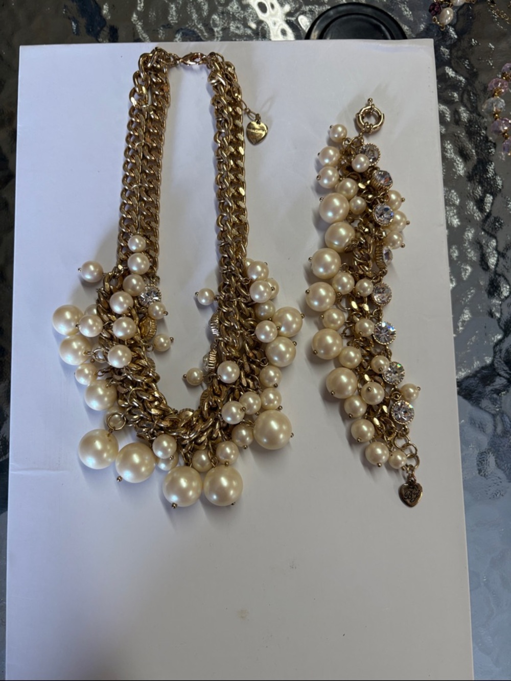 Betsey Johnson Gold-Tone Pearl Cluster Necklace and Bracelet Set